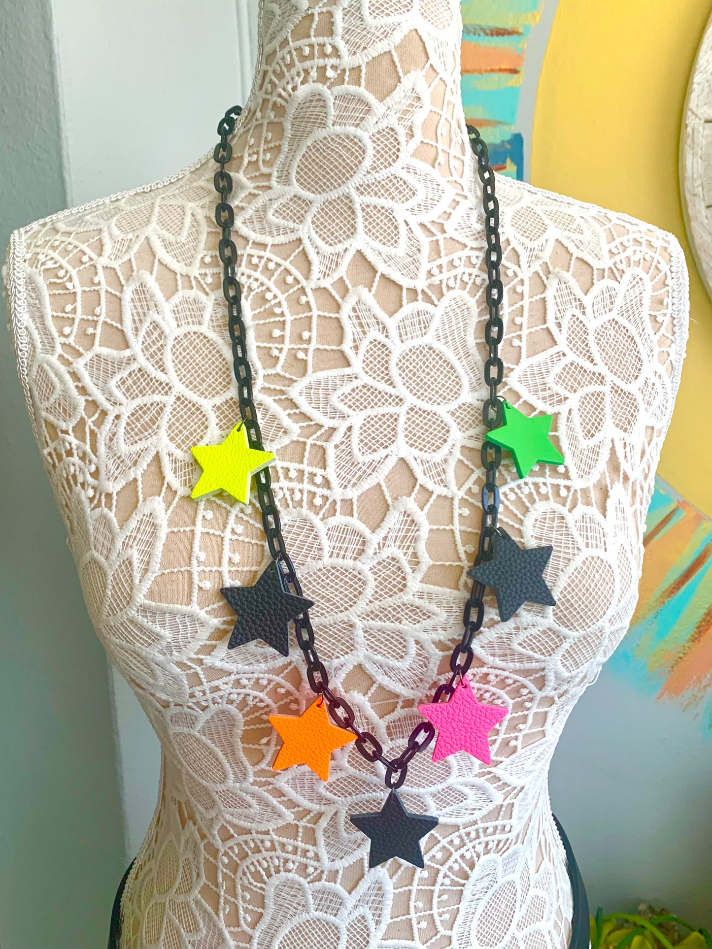 LEATHER NEON STARS NECKLACE