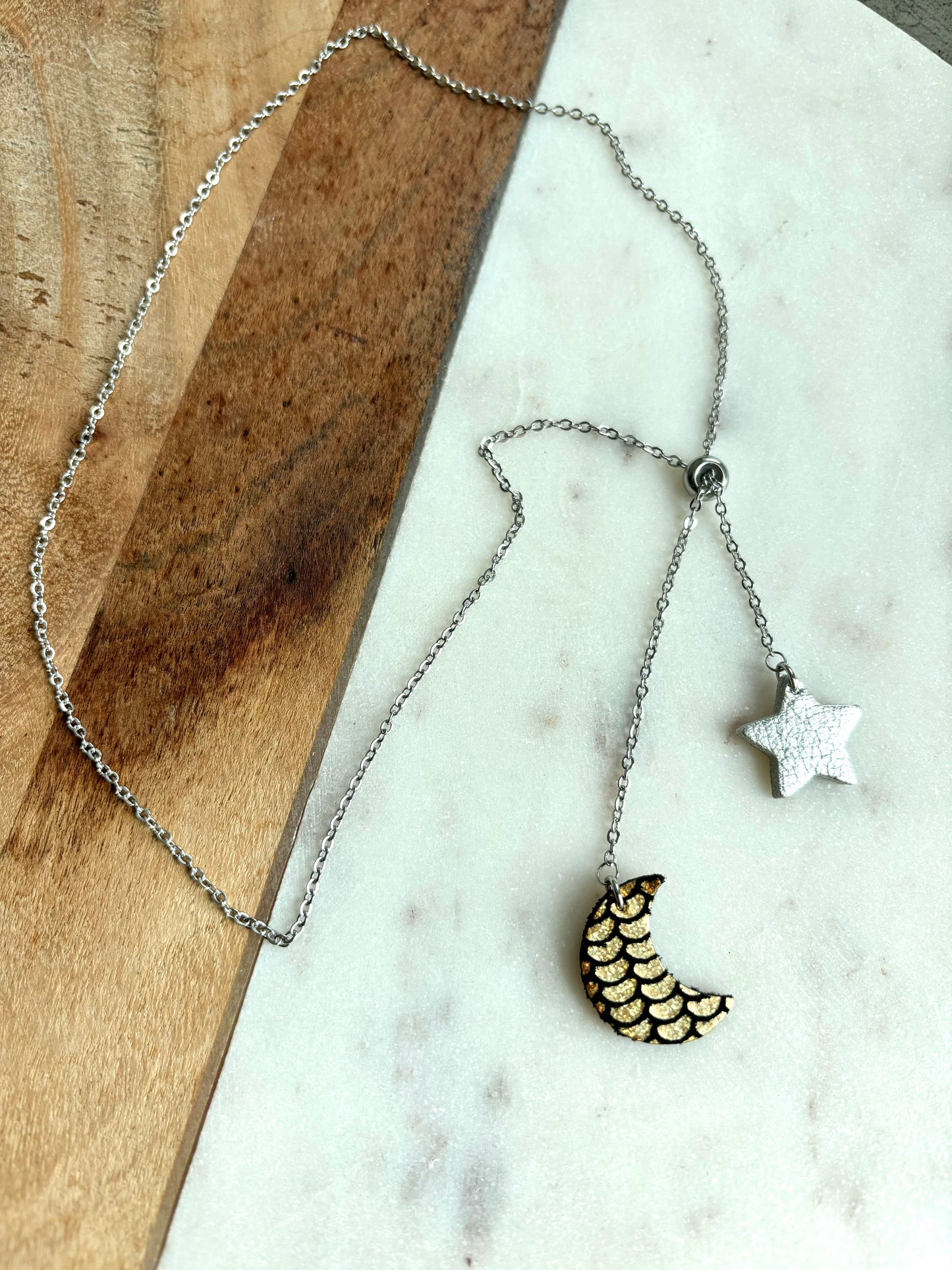 LEATHER STAR / MOON NECKLACE